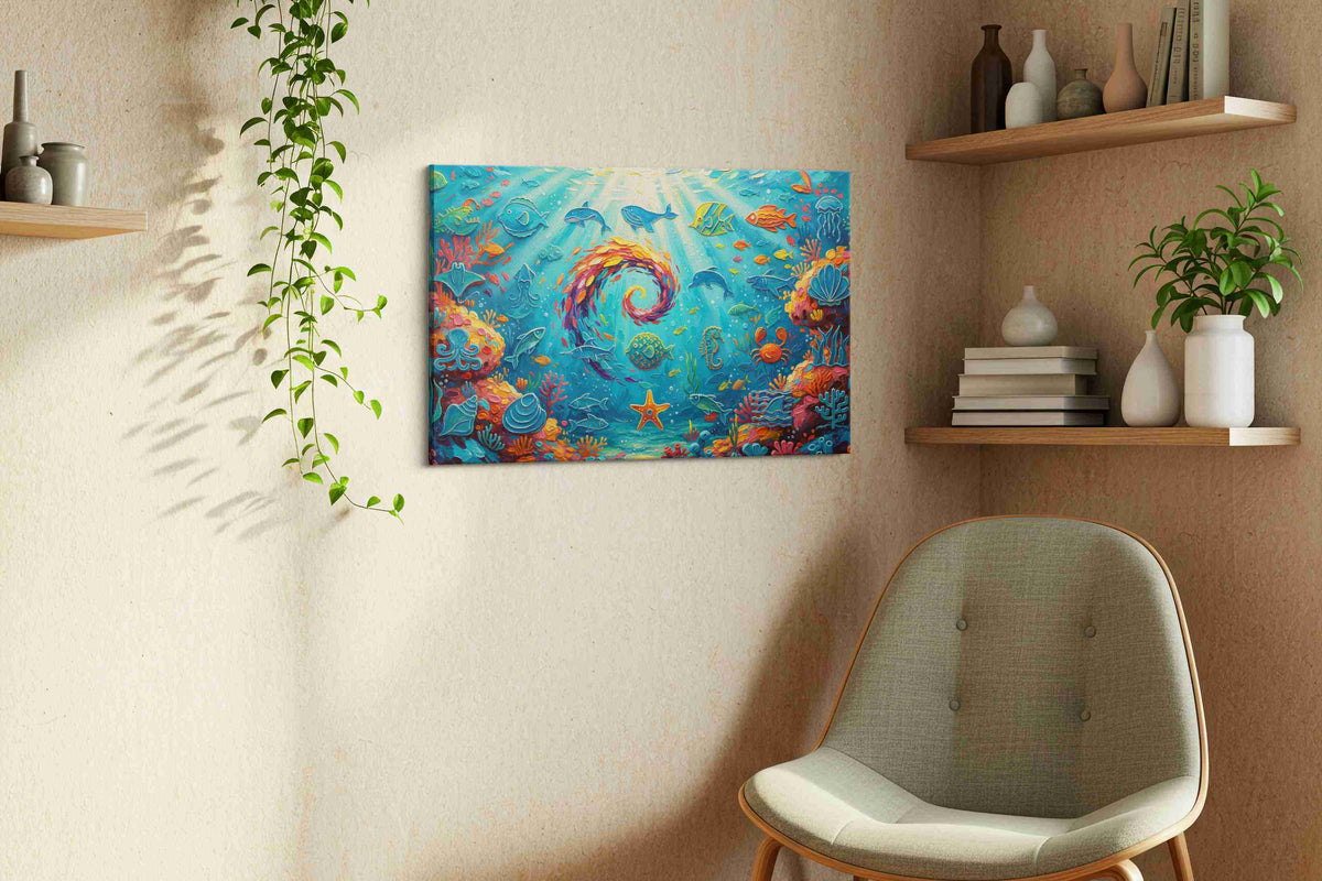 Eternal Dance of the Reef sealife canvas print, displayed in a living room