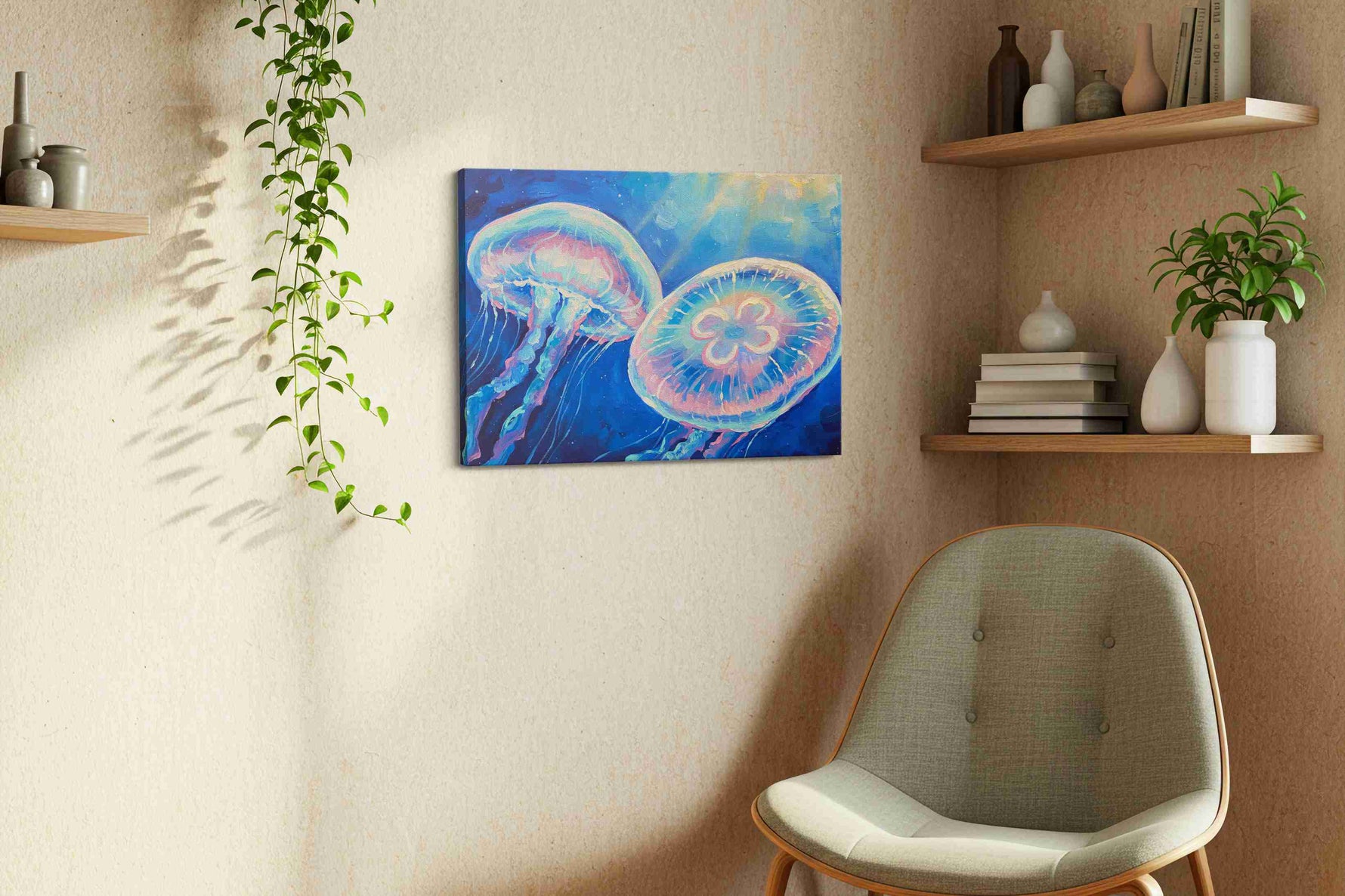 Ethereal Dance of the Deep sealife canvas print styled in a living room