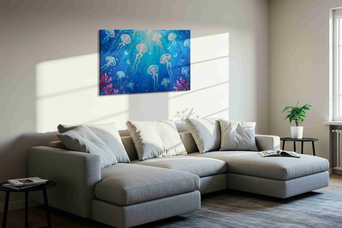 Ethereal Dance of the Jellyfish sealife canvas print, displayed in a living room