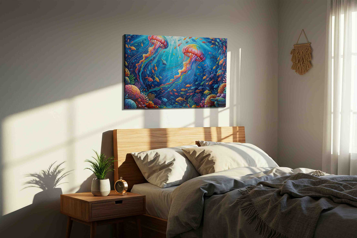 Ethereal Dance of the Jellyfish II sealife canvas print, displayed in a bedroom