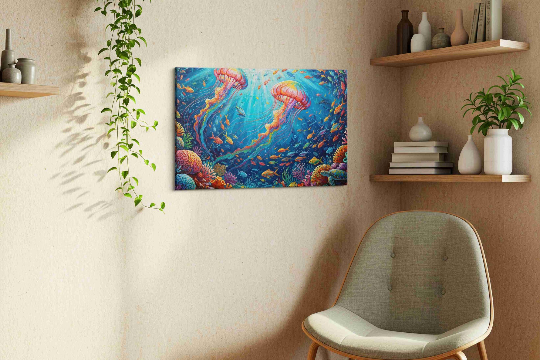 Ethereal Dance of the Jellyfish II sealife canvas print, hanging on wall — view 2