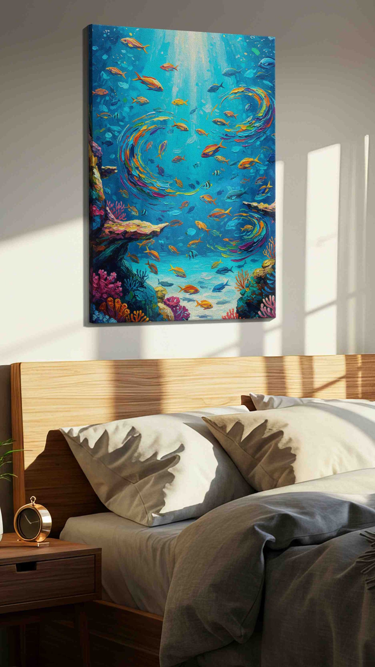 Ethereal Ocean Dance sealife canvas print, displayed in a bedroom