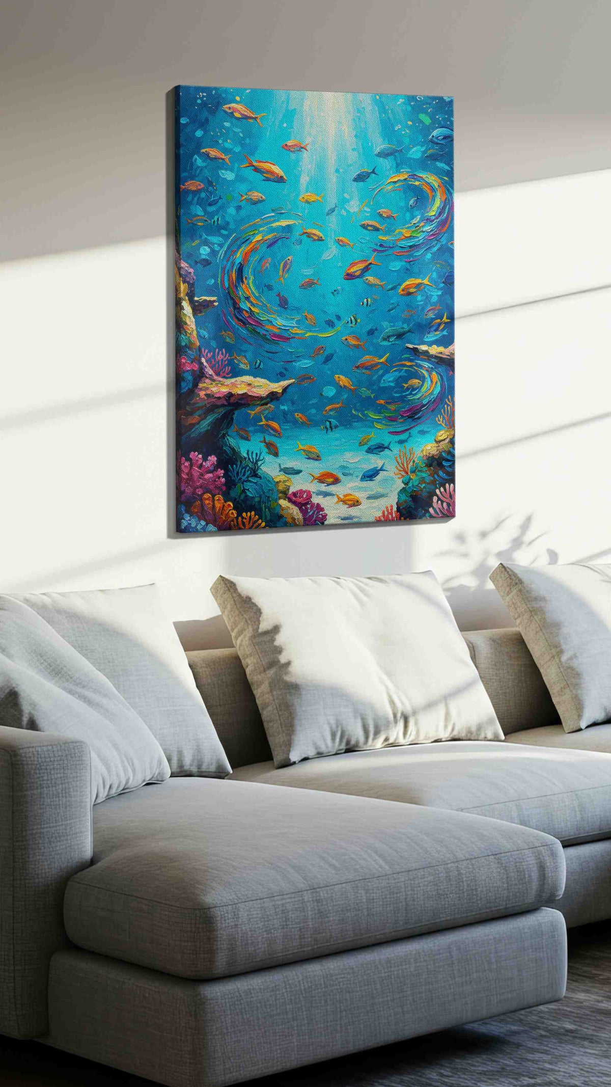 Ethereal Ocean Dance sealife canvas print, displayed in a living room