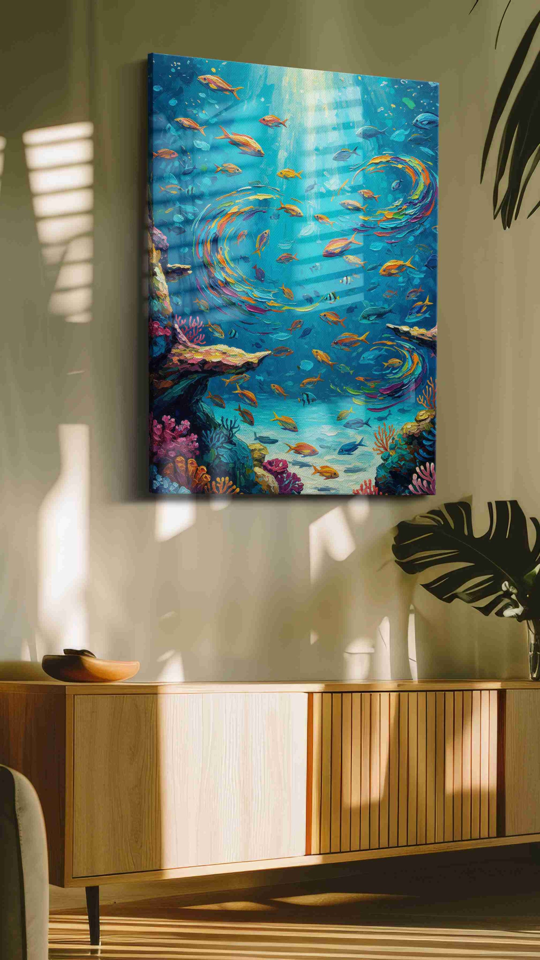 Ethereal Ocean Dance sealife canvas print in a contemporary interior mockup