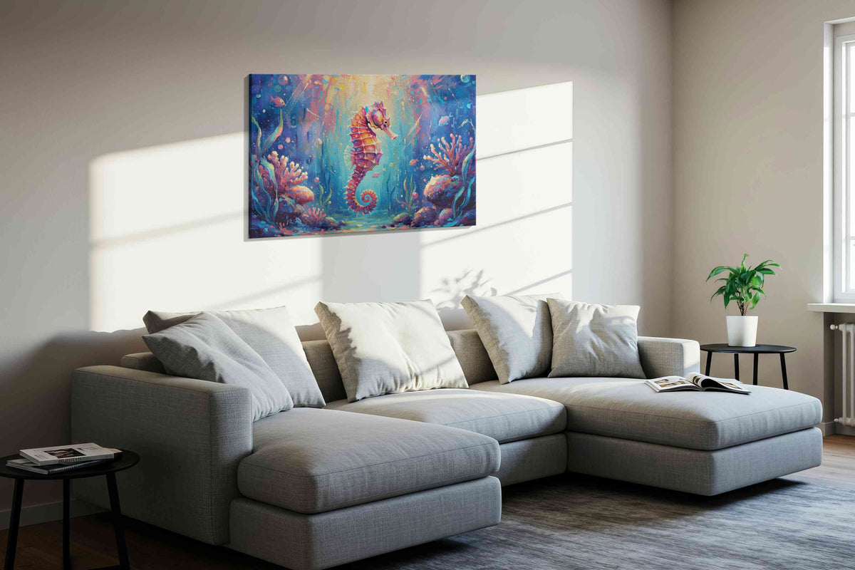 Ethereal Seahorse Symphony sealife canvas print, displayed in a living room