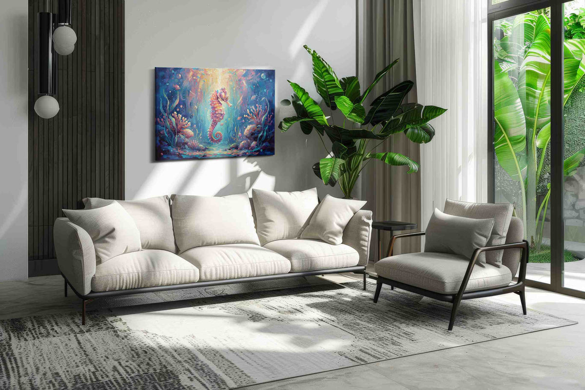 Ethereal Seahorse Symphony sealife canvas print, on wall, lifestyle preview