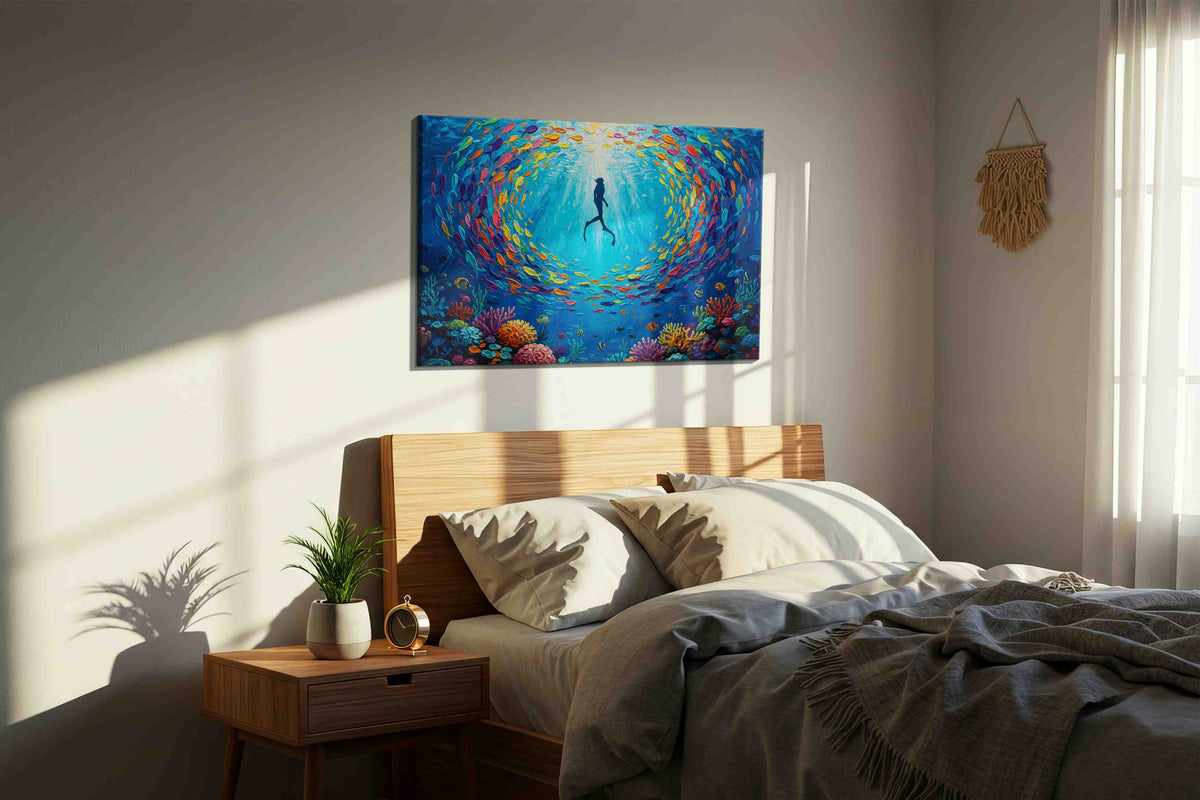 Ethereal Underwater Symphony sealife canvas print, displayed in a bedroom