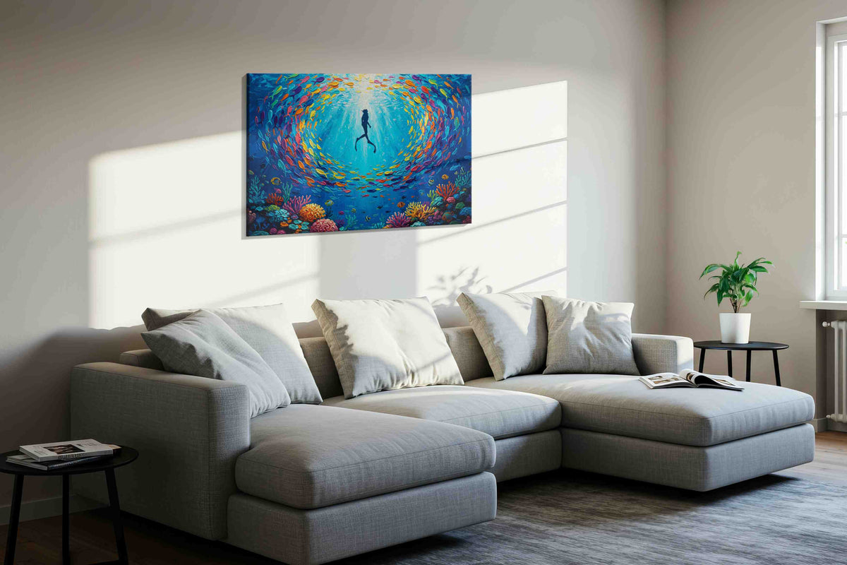 Ethereal Underwater Symphony sealife canvas print, displayed in a living room