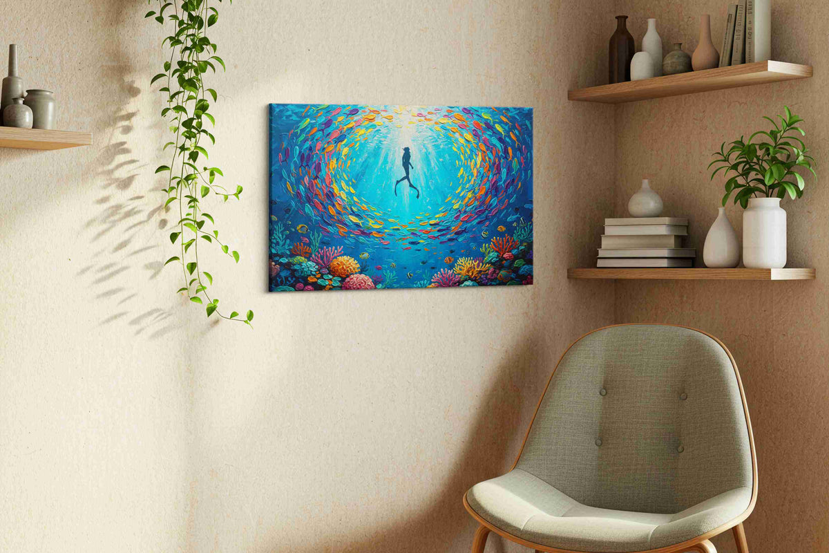 Ethereal Underwater Symphony sealife canvas print, hanging on wall — view 2