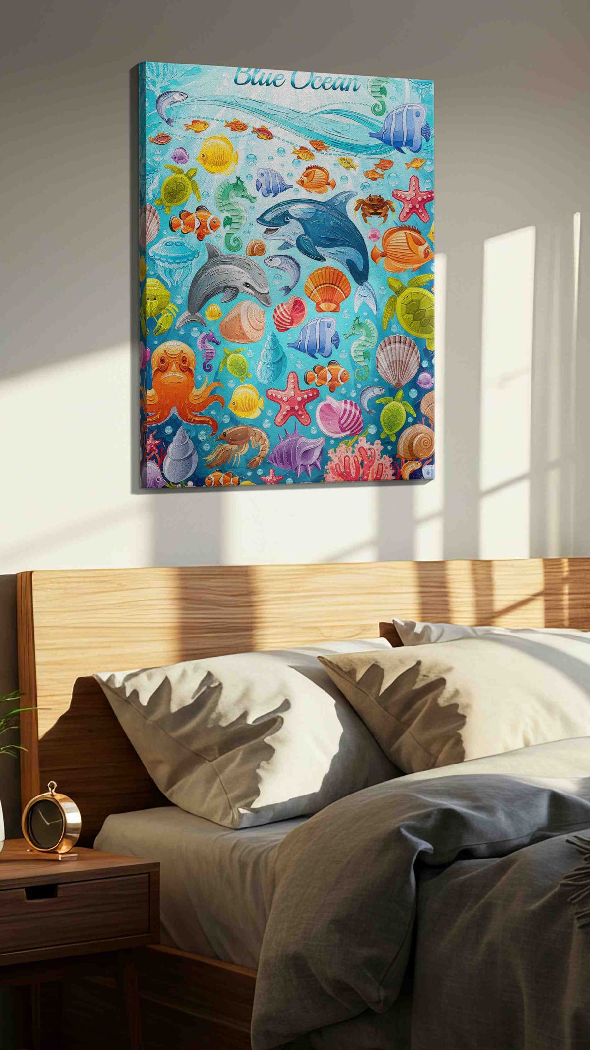 Harmony Under the Waves sealife canvas print, displayed in a bedroom