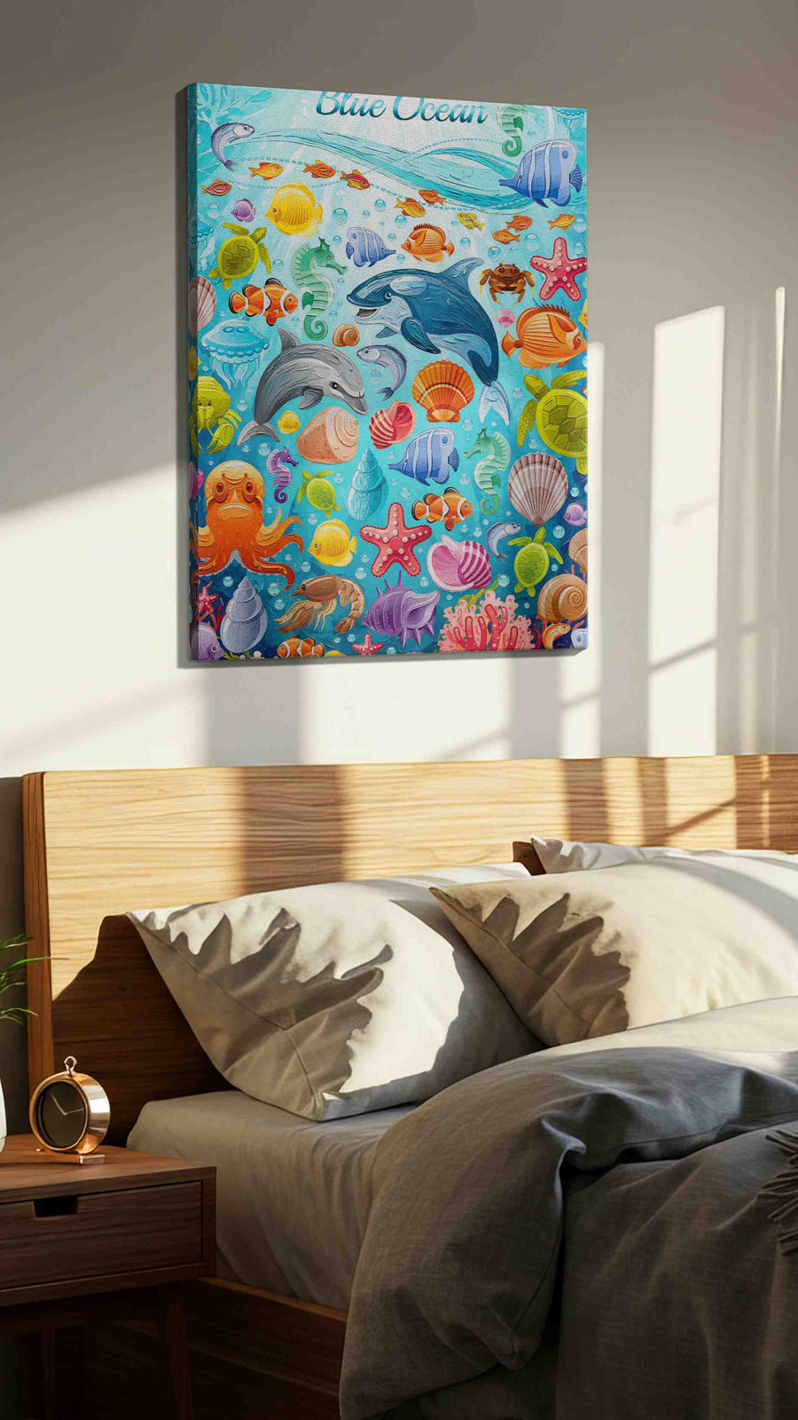 Harmony Under the Waves sealife canvas print, displayed in a bedroom