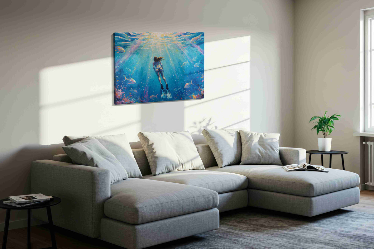 Into the Depths of Serenity sealife canvas print, displayed in a living room