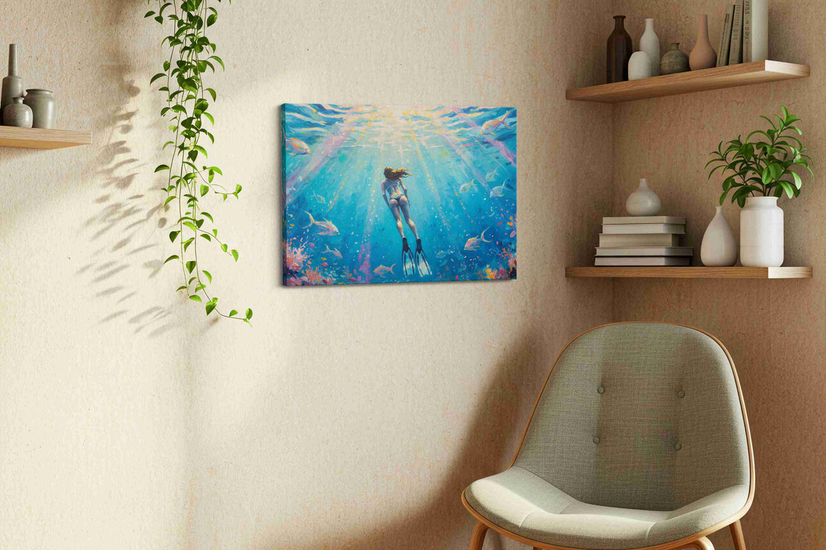 Into the Depths of Serenity sealife canvas print, hanging on wall