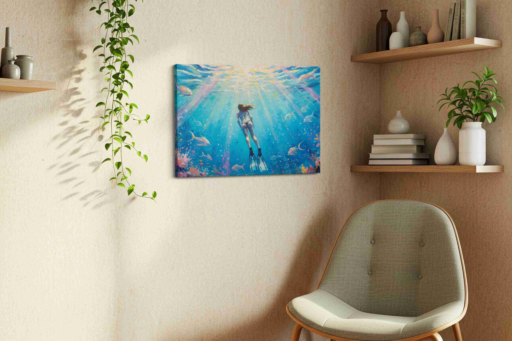 Into the Depths of Serenity sealife canvas print, hanging on wall