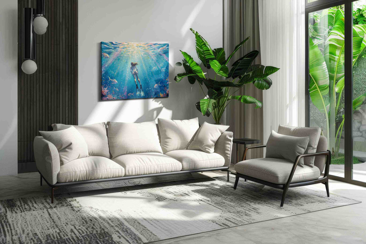 Into the Depths of Serenity sealife canvas print, hanging on wall — in a hung canvas mockup