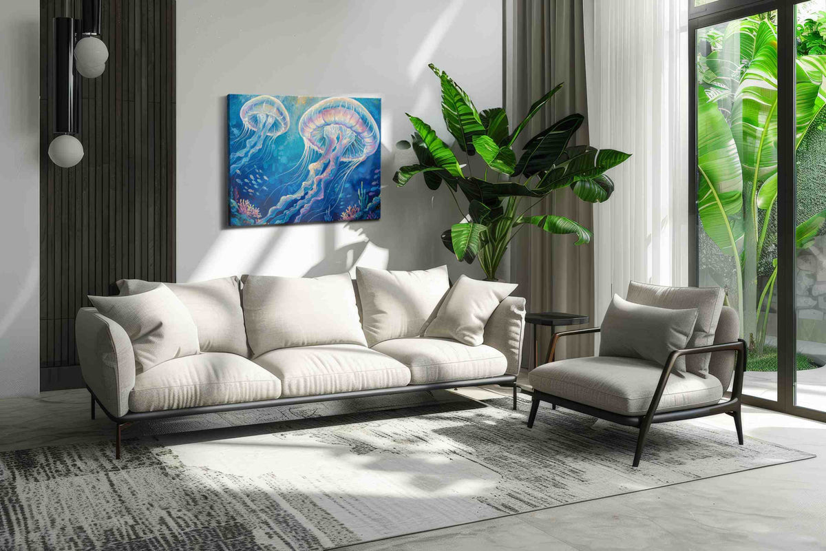 Jellyfish Ballet in Azure Depths sealife canvas print, hanging on wall — view 3