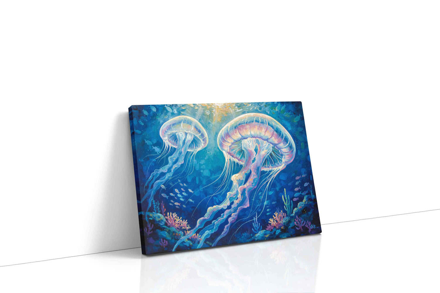 Jellyfish Ballet in Azure Depths sealife canvas print, gallery-wrapped, ready to hang