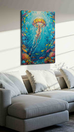 Jellyfish Symphony sealife canvas print, displayed in a living room