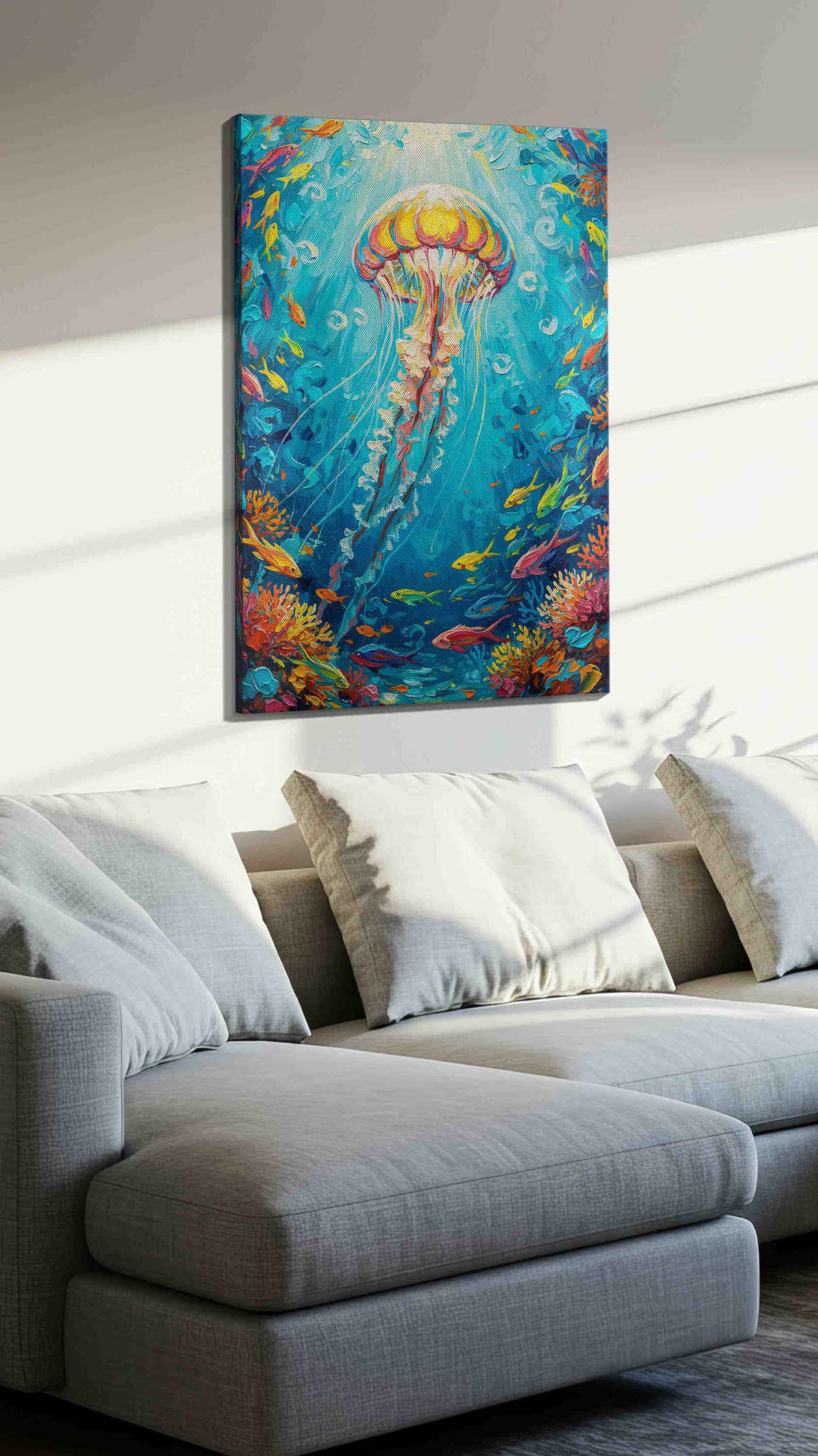Jellyfish Symphony sealife canvas print, displayed in a living room
