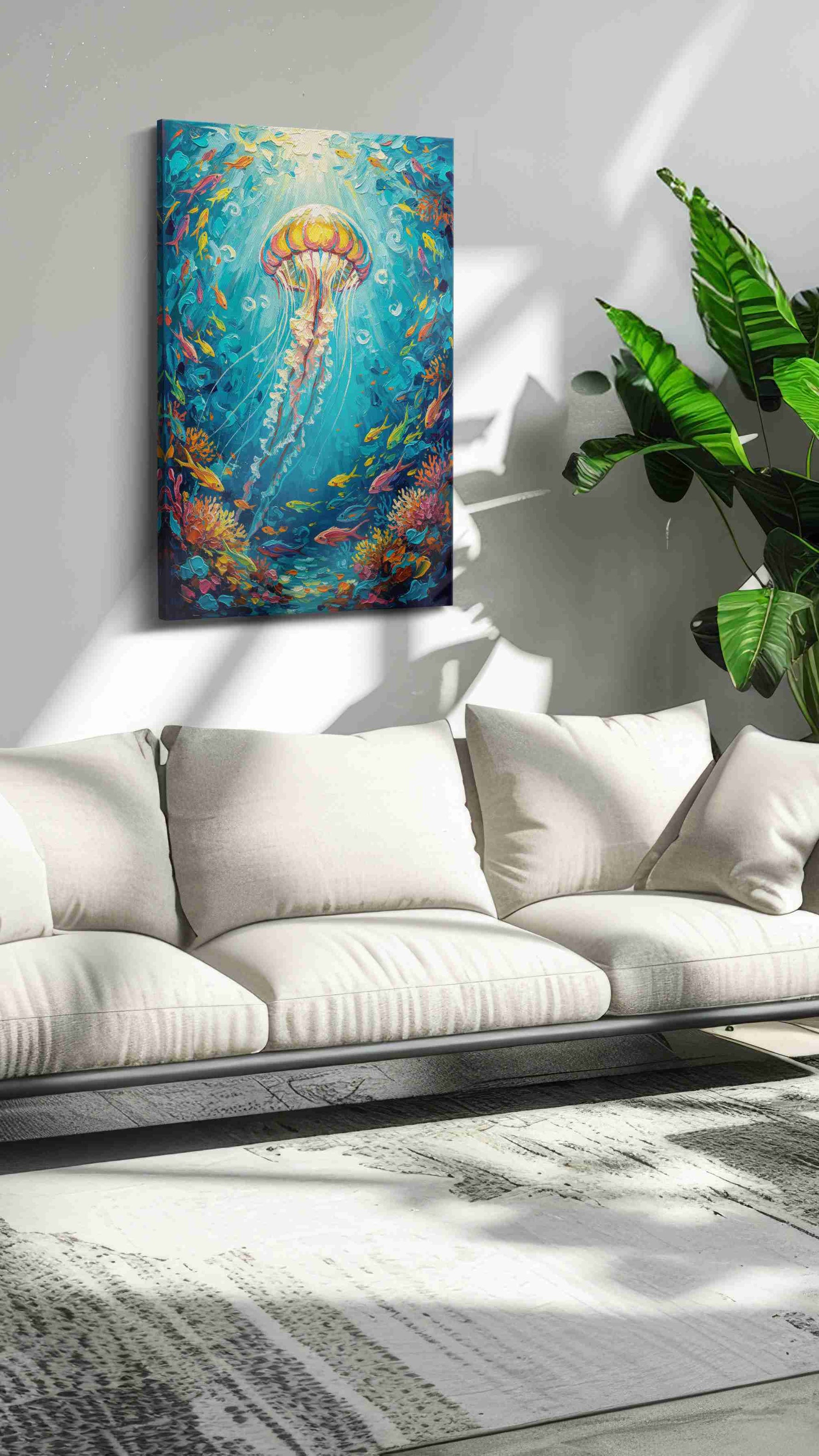 Jellyfish Symphony sealife canvas print, on wall, lifestyle preview