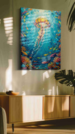 Jellyfish Symphony sealife canvas print in a contemporary interior mockup