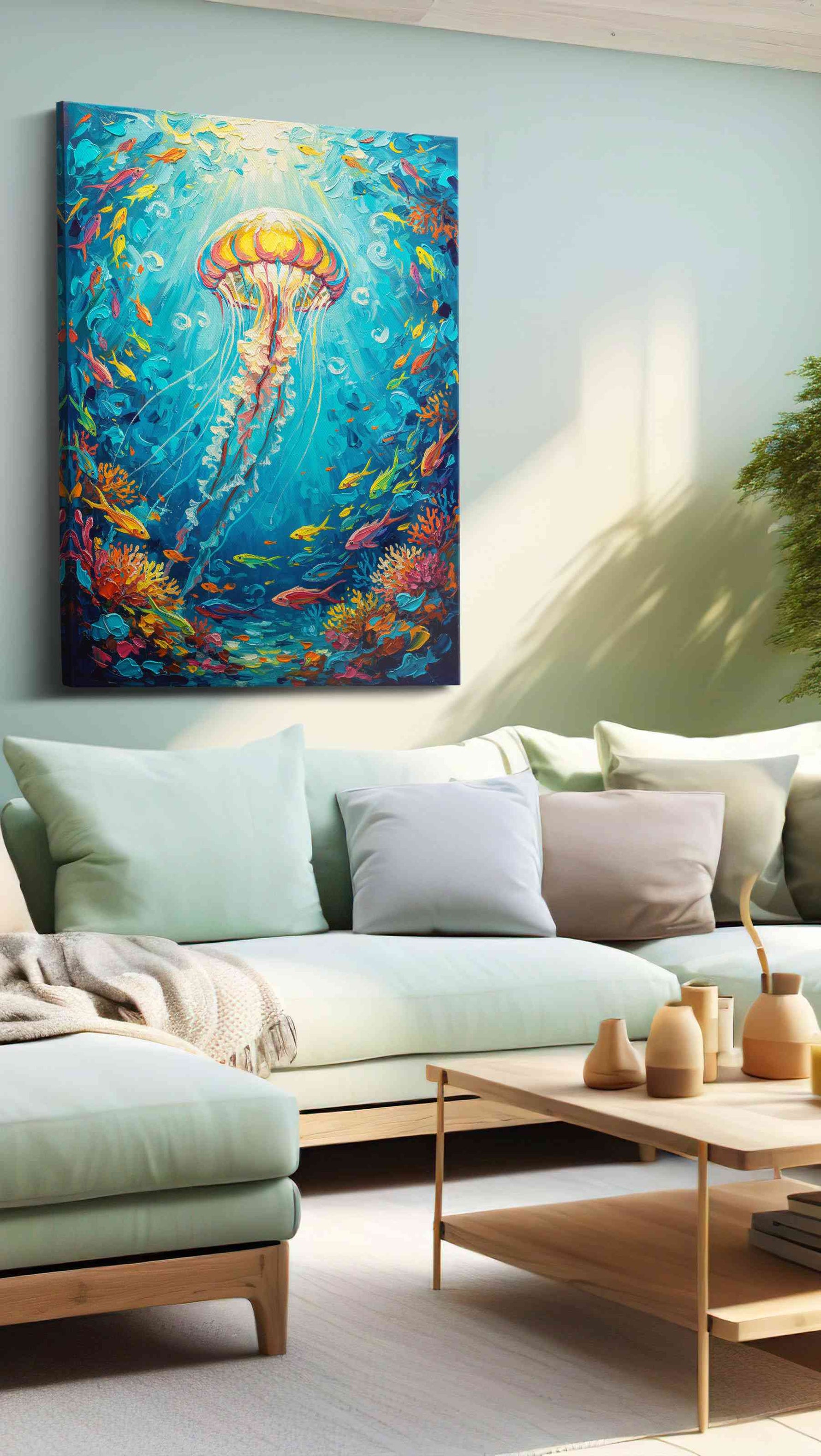 Jellyfish Symphony sealife canvas print, hanging on wall
