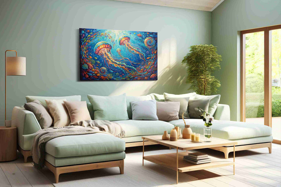 Jellyfish Symphony II sealife canvas print, hanging on wall