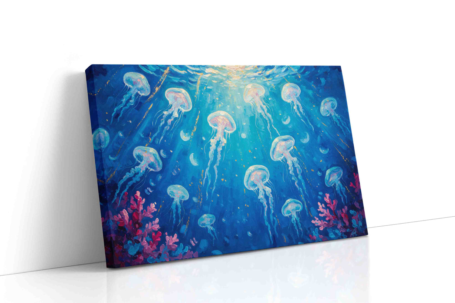 Jellyfish Waltz in Sunlit Waves sealife canvas print, gallery-wrapped, ready to hang