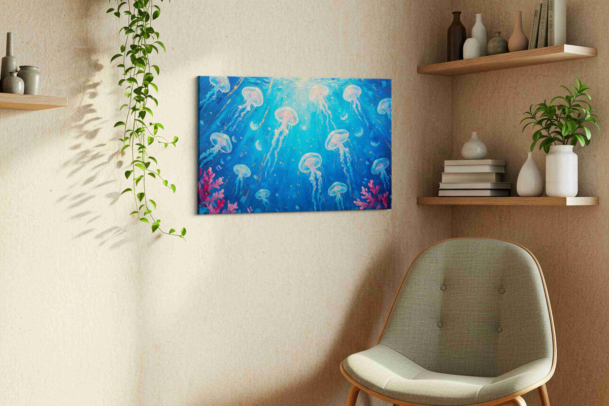 Luminous Dance Beneath the Waves sealife canvas print, hanging on wall