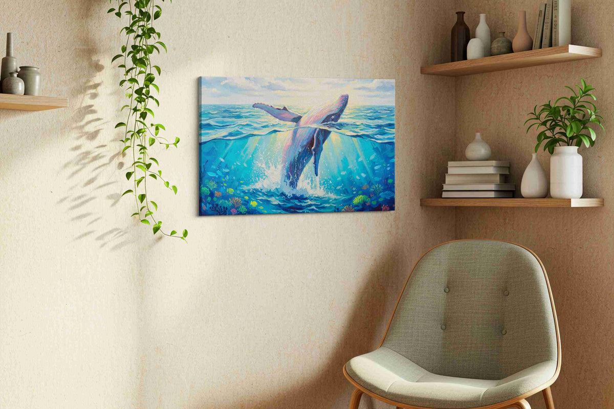 Majestic Ocean Leap sealife canvas print in a living room scene