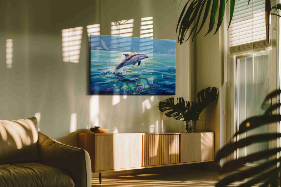Majestic Ocean Leap II sealife canvas print in a contemporary interior mockup