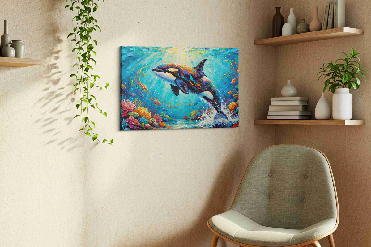 Majestic Ocean Symphony sealife canvas print, displayed in a living room