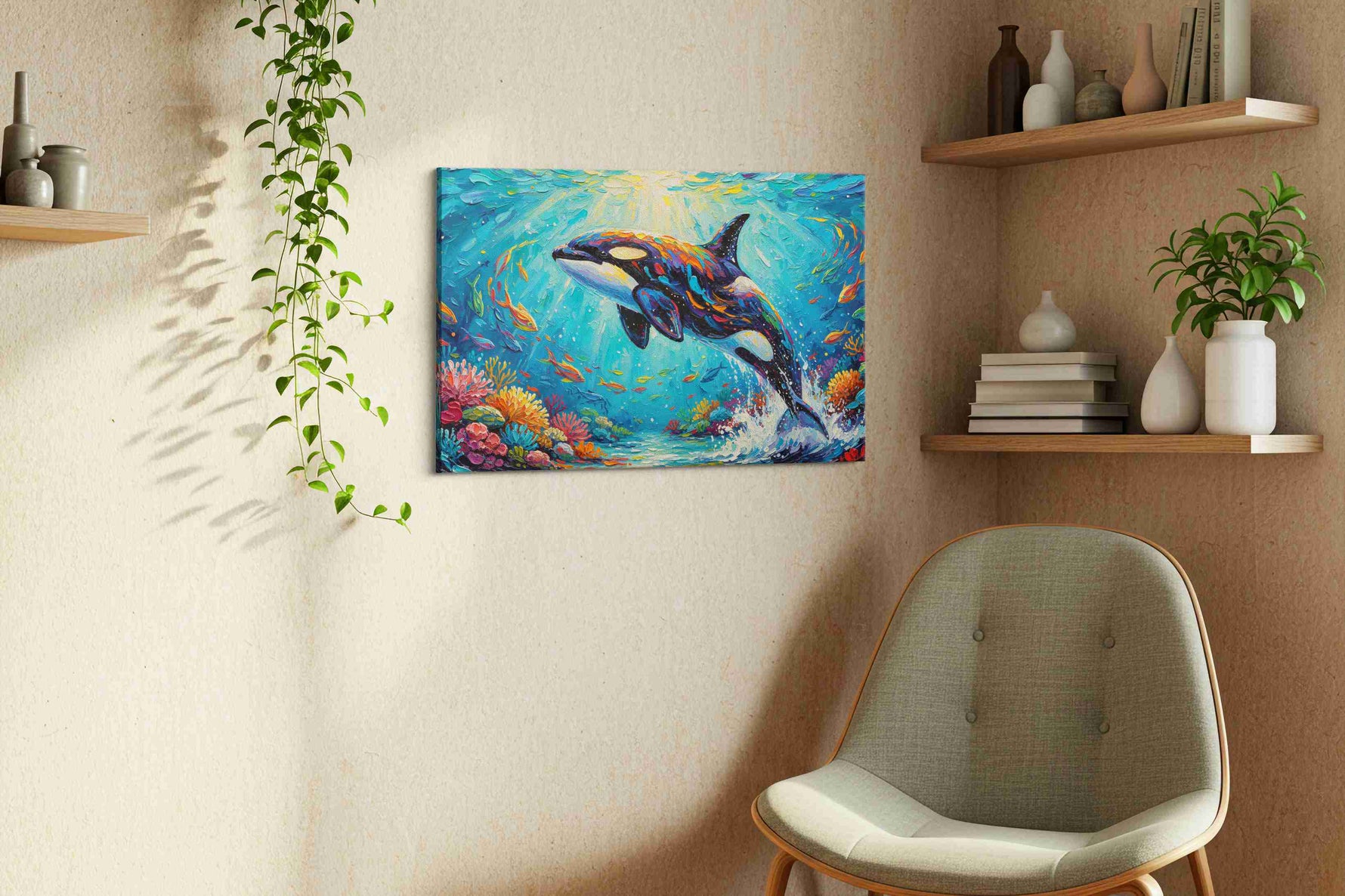 Majestic Ocean Symphony sealife canvas print, displayed in a living room