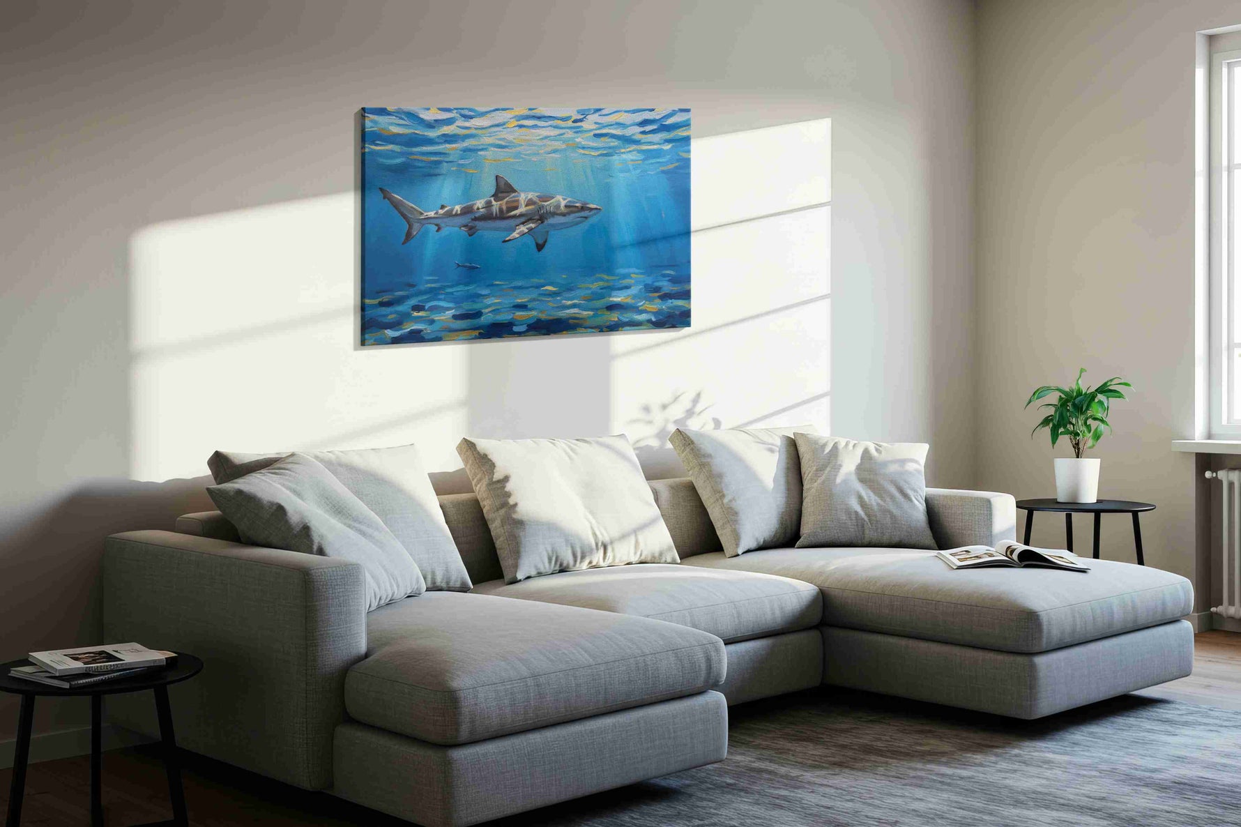 Majestic Underwater Glide sealife canvas print in a living room scene