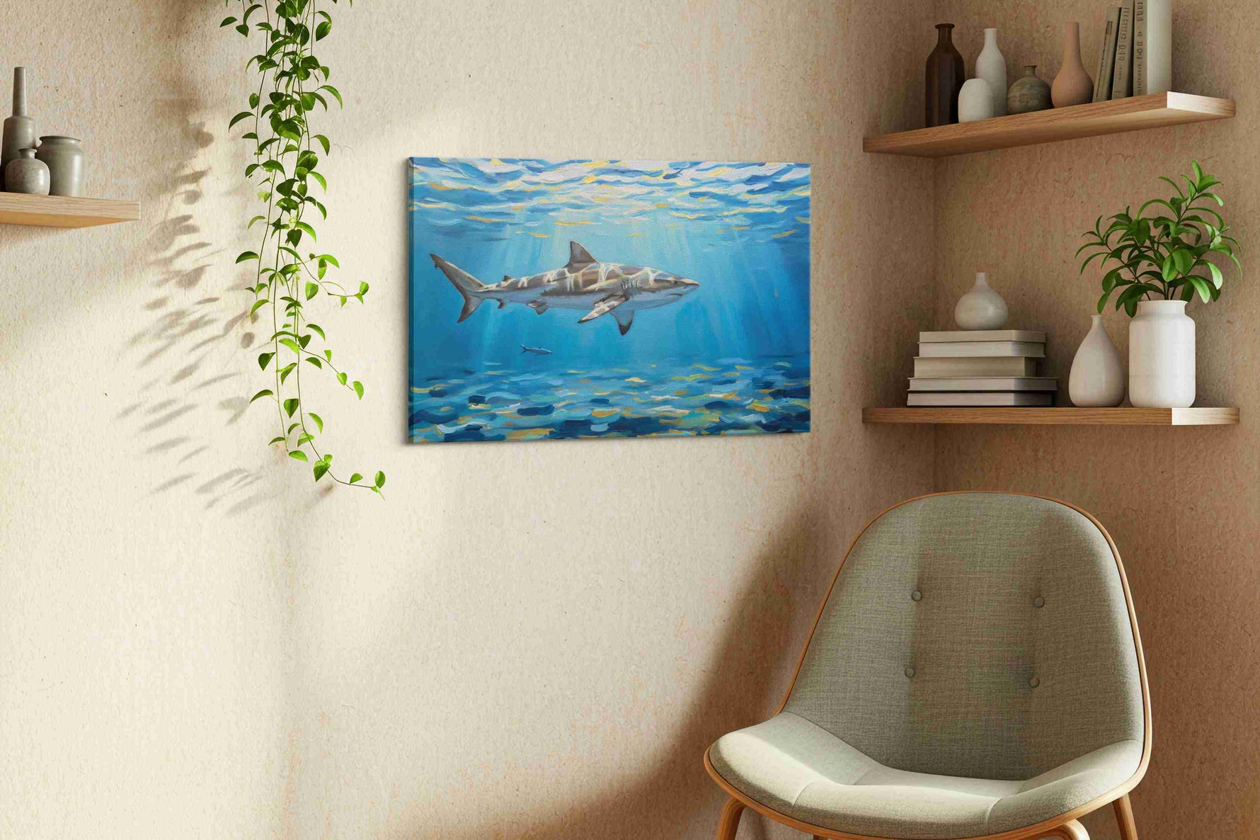 Majestic Underwater Glide sealife canvas print, displayed in a living room
