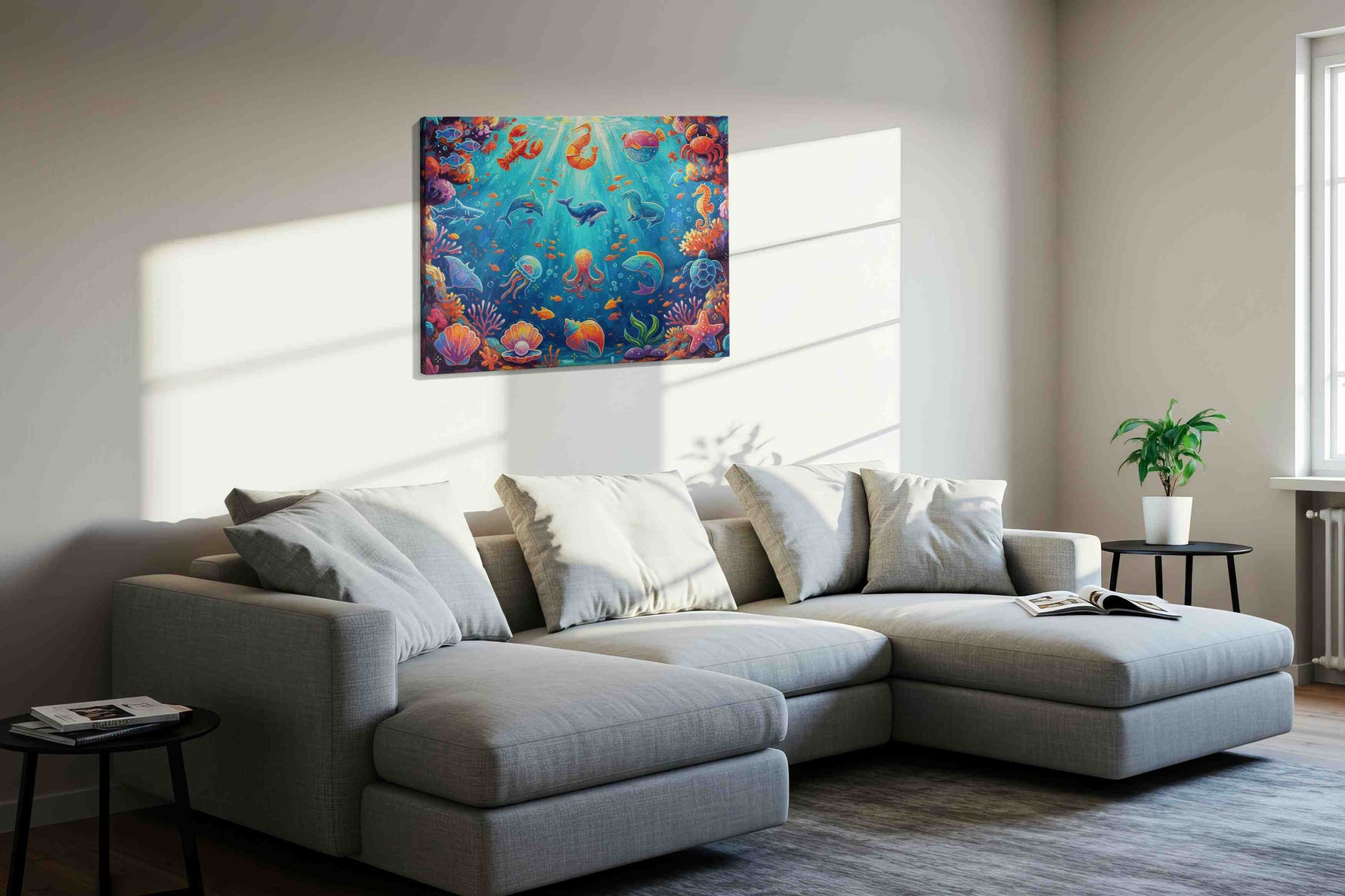Ocean's Vibrant Canvas sealife canvas print, displayed in a living room