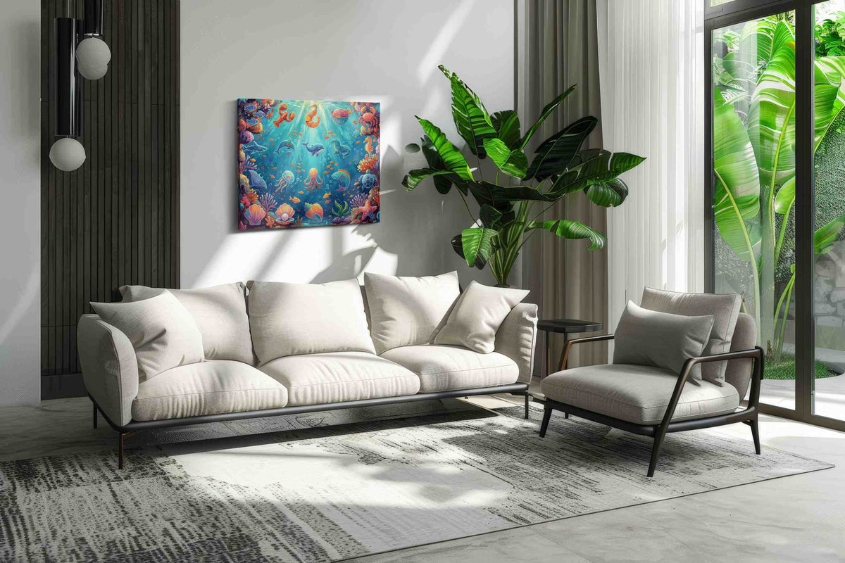 Ocean's Vibrant Canvas sealife canvas print, on wall, lifestyle preview