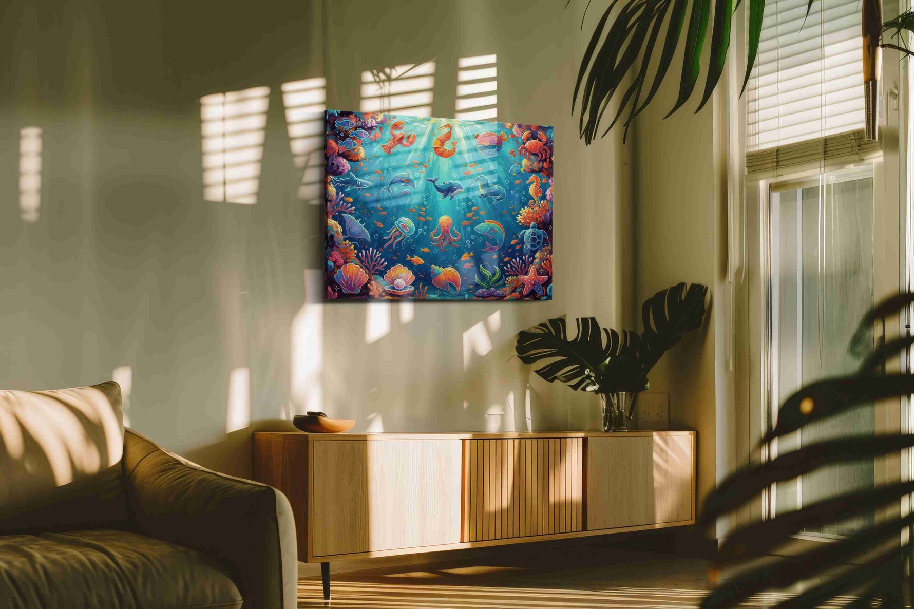 Ocean's Vibrant Canvas sealife canvas print in a contemporary interior mockup