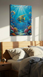 Radiance Beneath the Waves sealife canvas print, displayed in a bedroom
