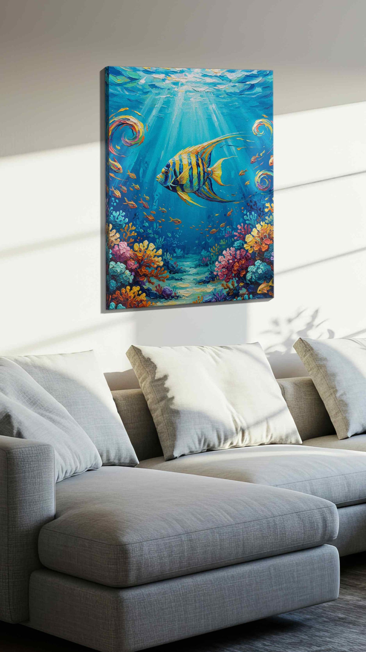Radiance Beneath the Waves sealife canvas print, displayed in a living room
