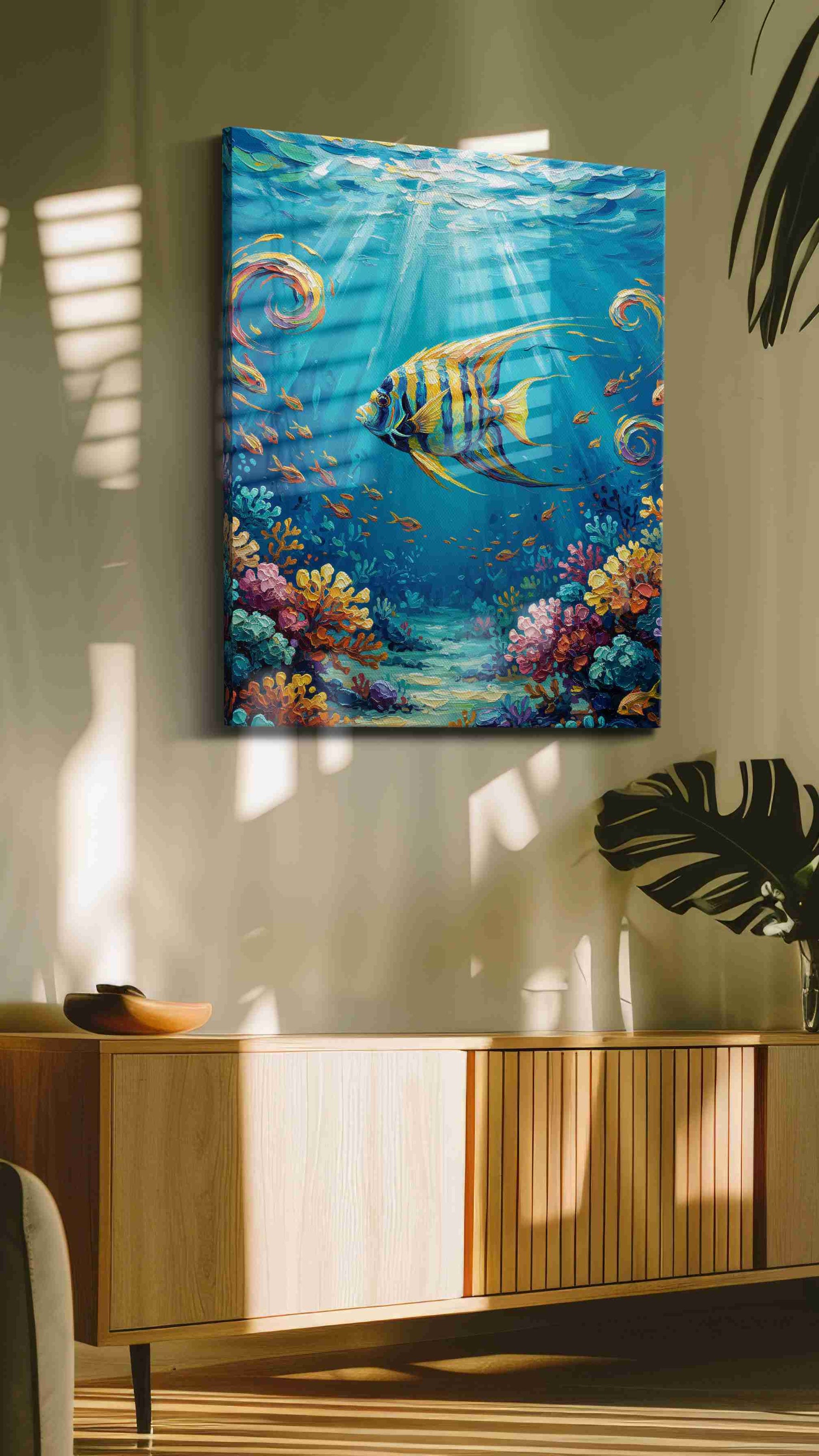 Radiance Beneath the Waves sealife canvas print, hanging on wall