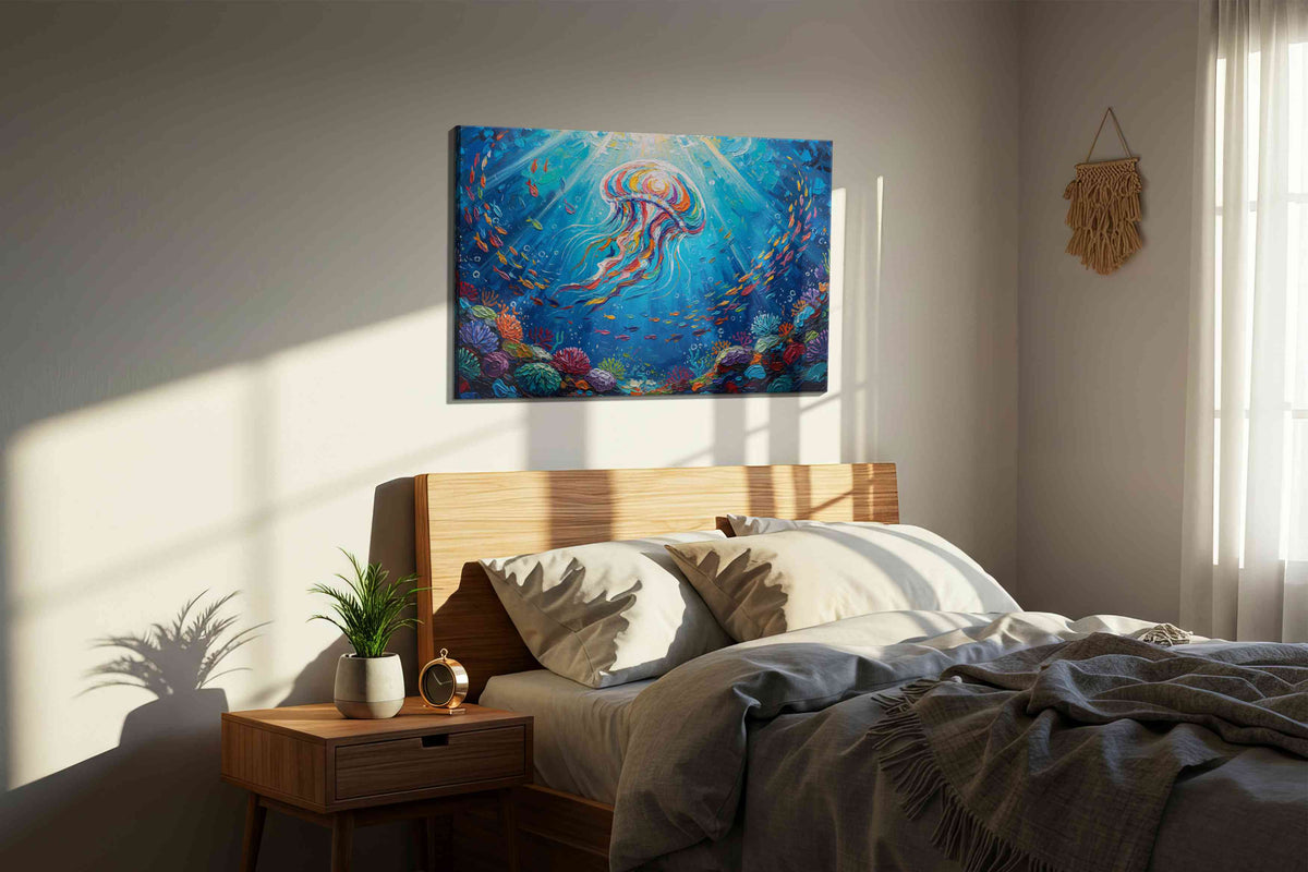 Radiant Ocean Ballet sealife canvas print, displayed in a bedroom