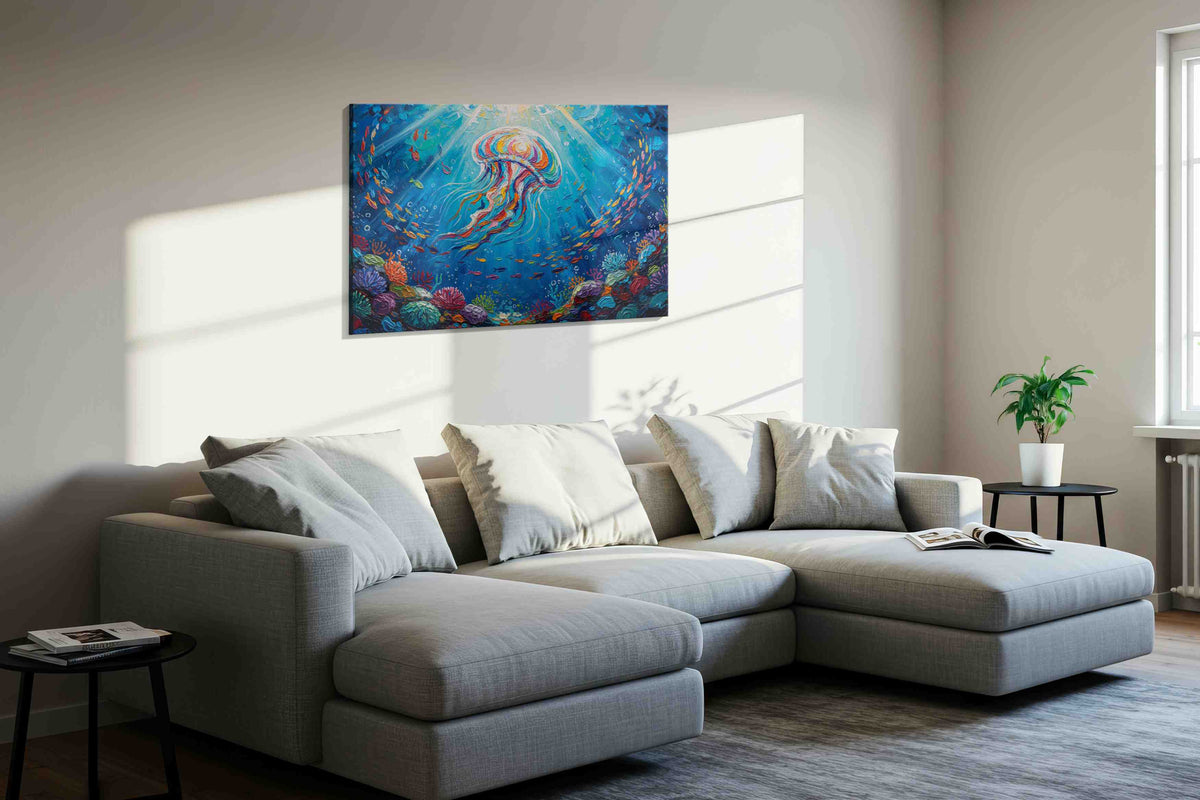 Radiant Ocean Ballet sealife canvas print, displayed in a living room