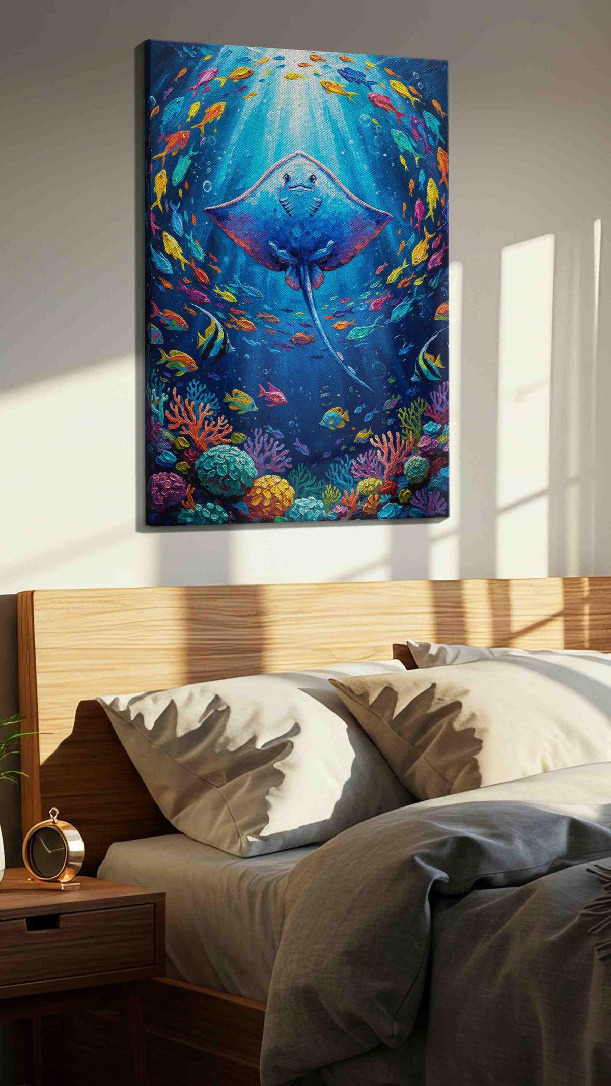 Radiant Ocean Spiral sealife canvas print, displayed in a bedroom