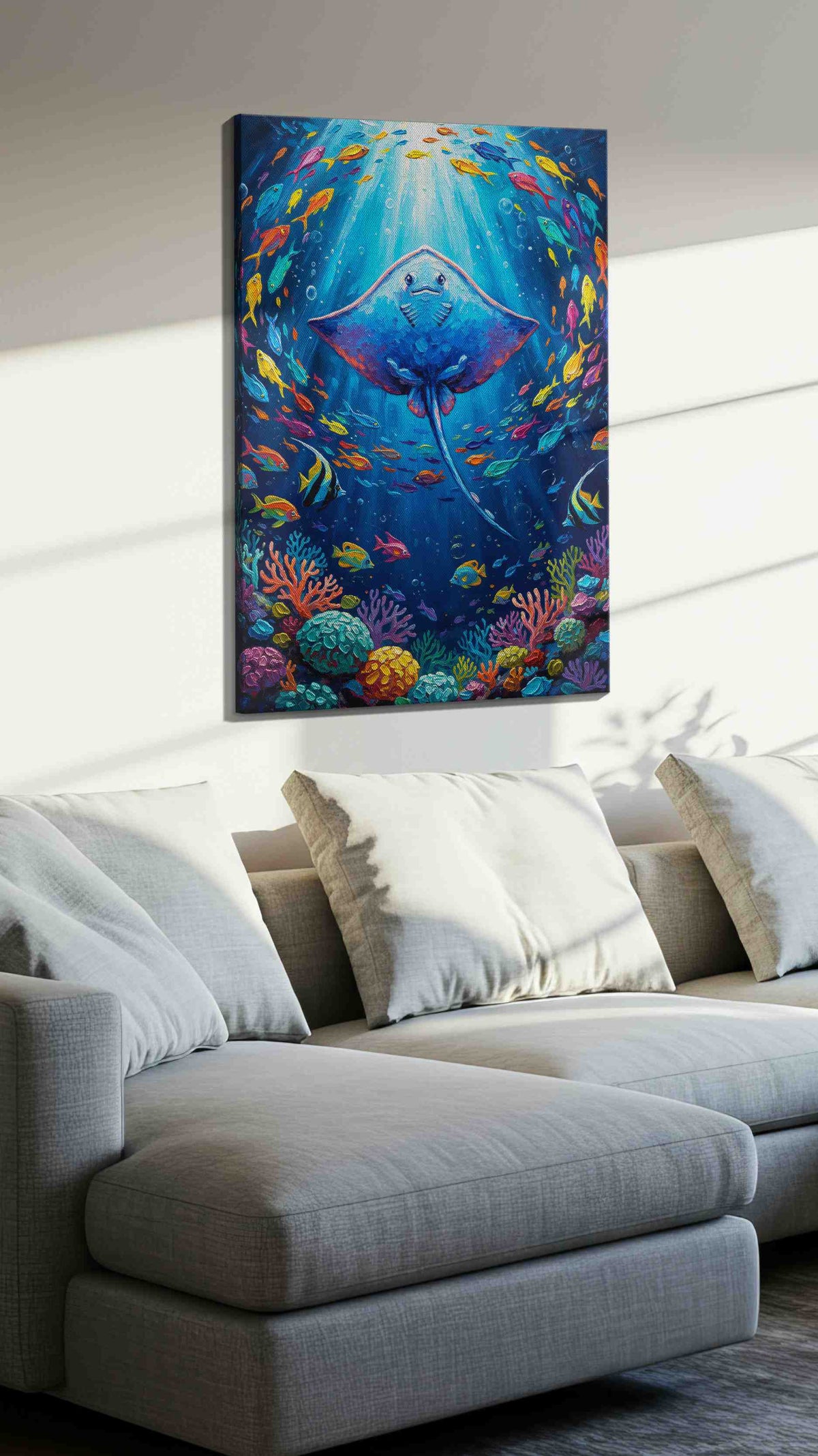 Radiant Ocean Spiral sealife canvas print, displayed in a living room