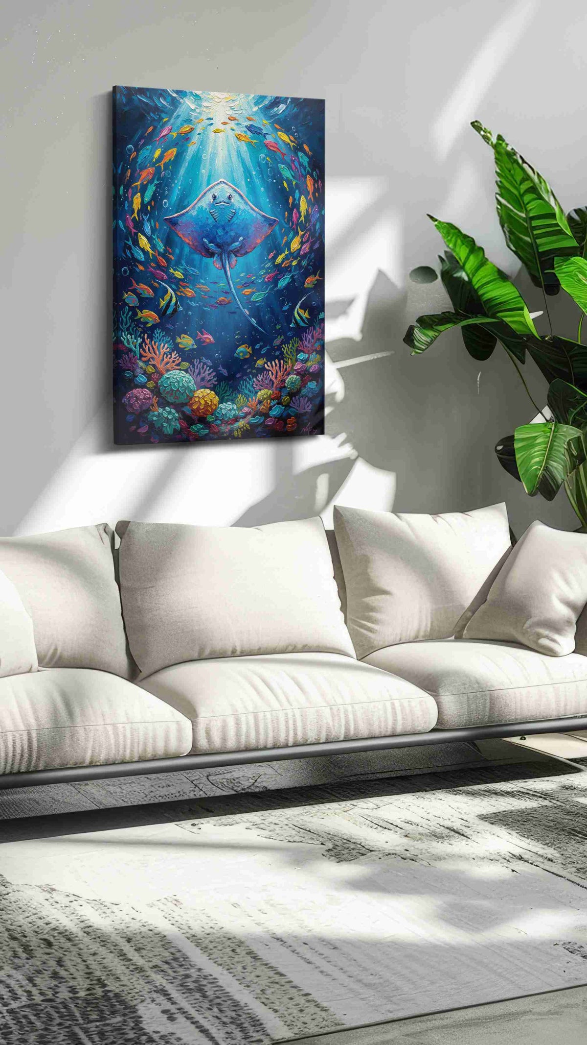 Radiant Ocean Spiral sealife canvas print, on wall, lifestyle preview