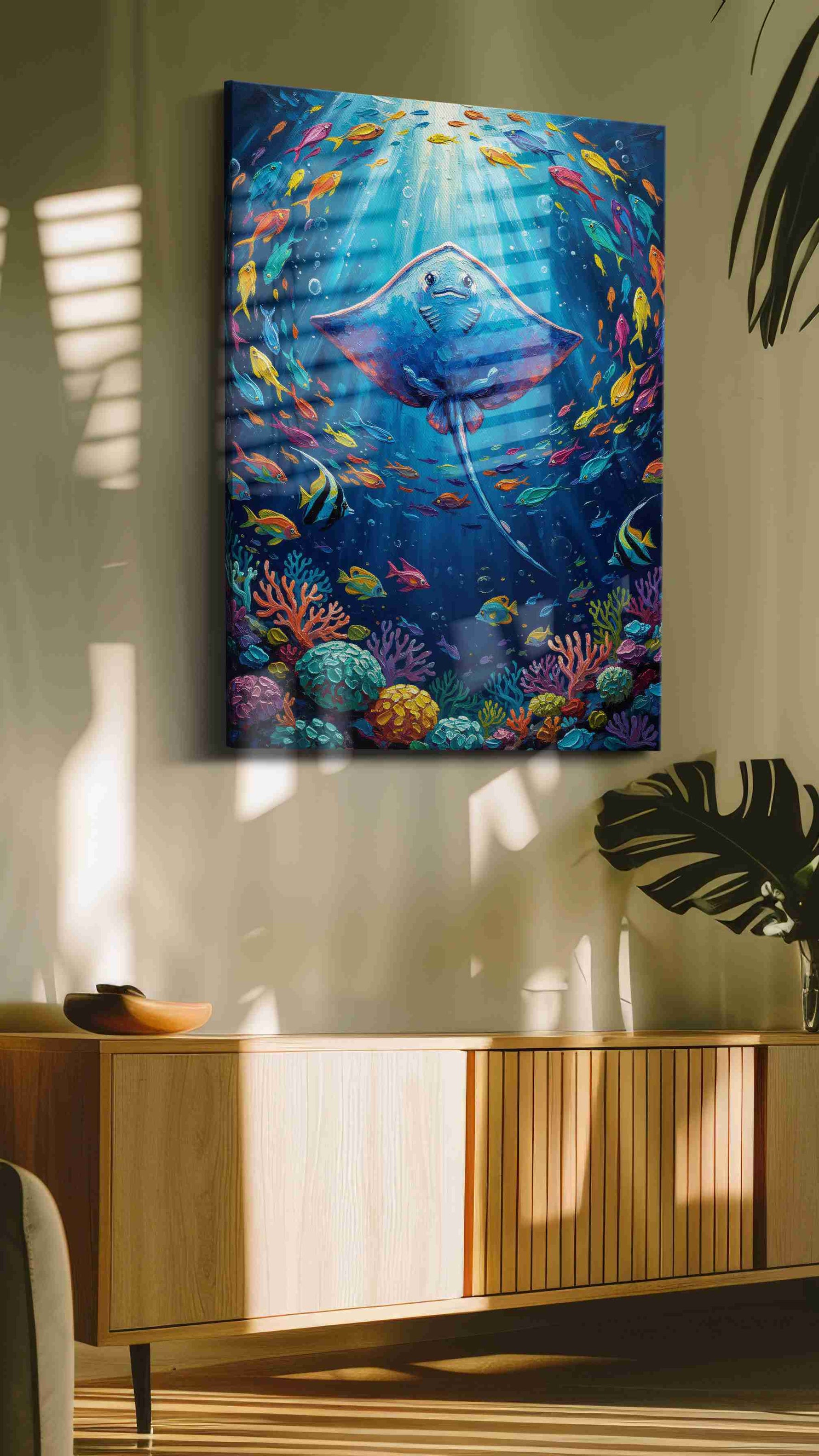 Radiant Ocean Spiral sealife canvas print in a contemporary interior mockup