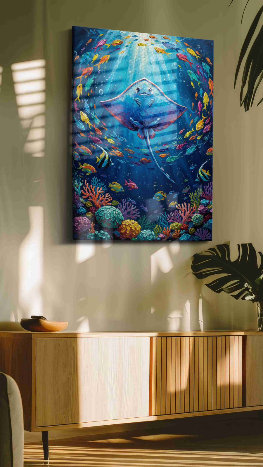 Radiant Ocean Spiral sealife canvas print in a contemporary interior mockup