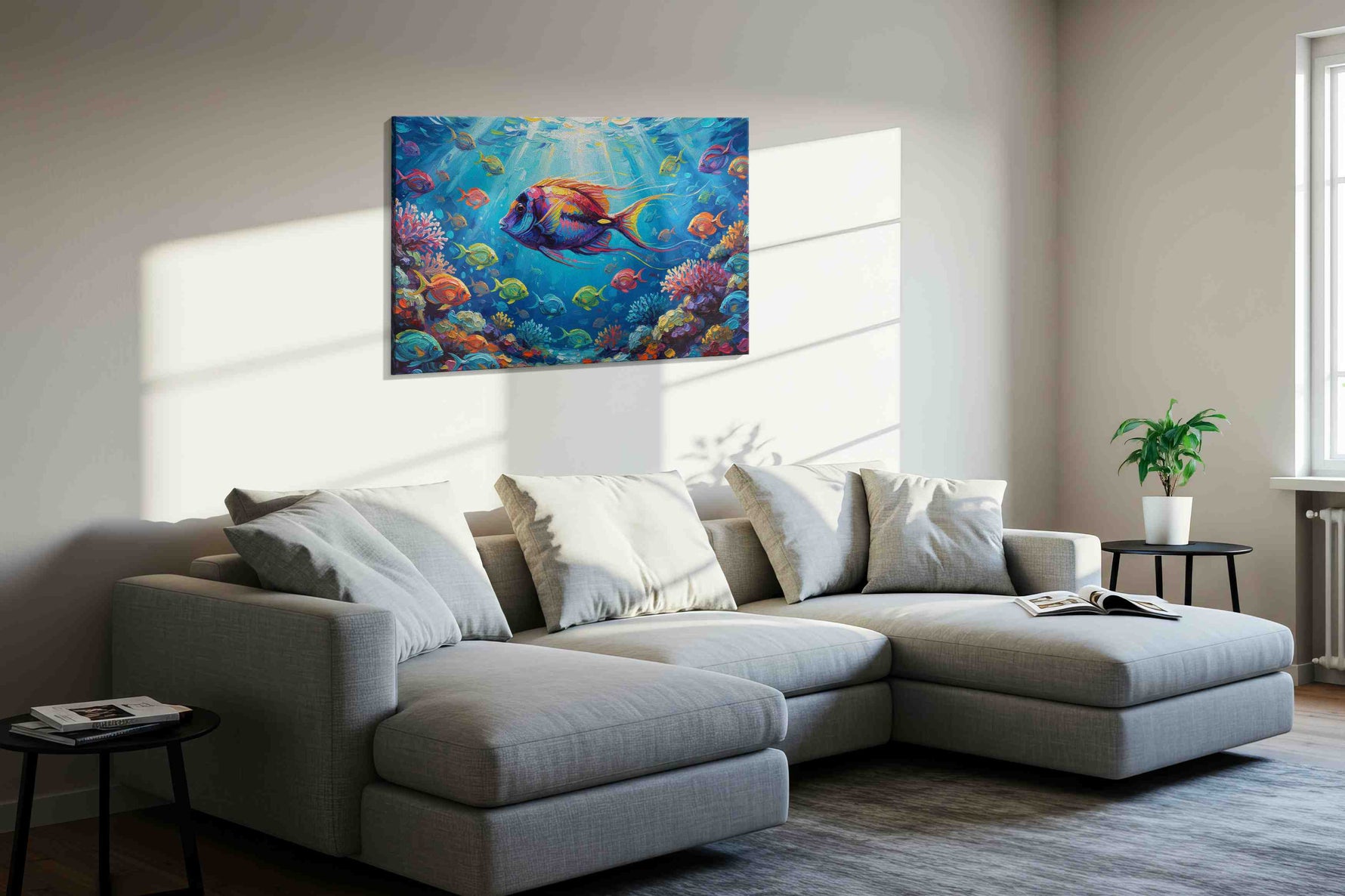 Radiant Reef Symphony sealife canvas print in a living room scene