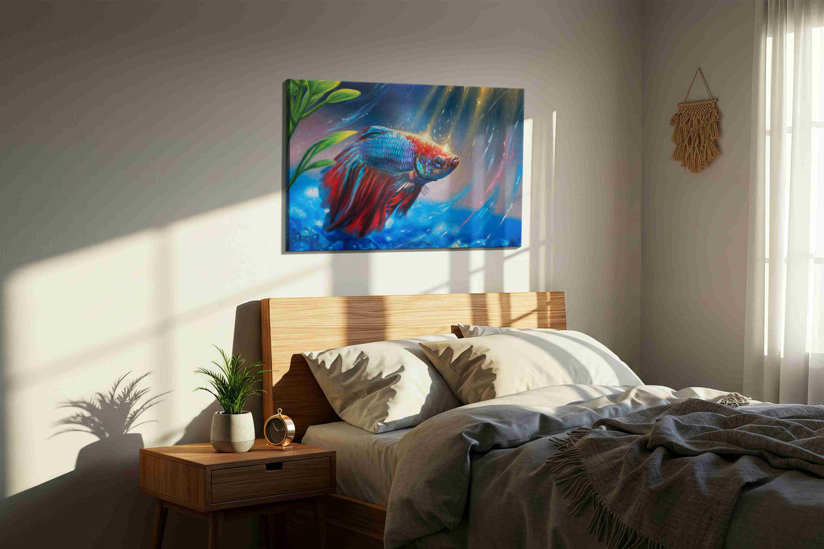 Radiant Underwater Symphony sealife canvas print, displayed in a bedroom